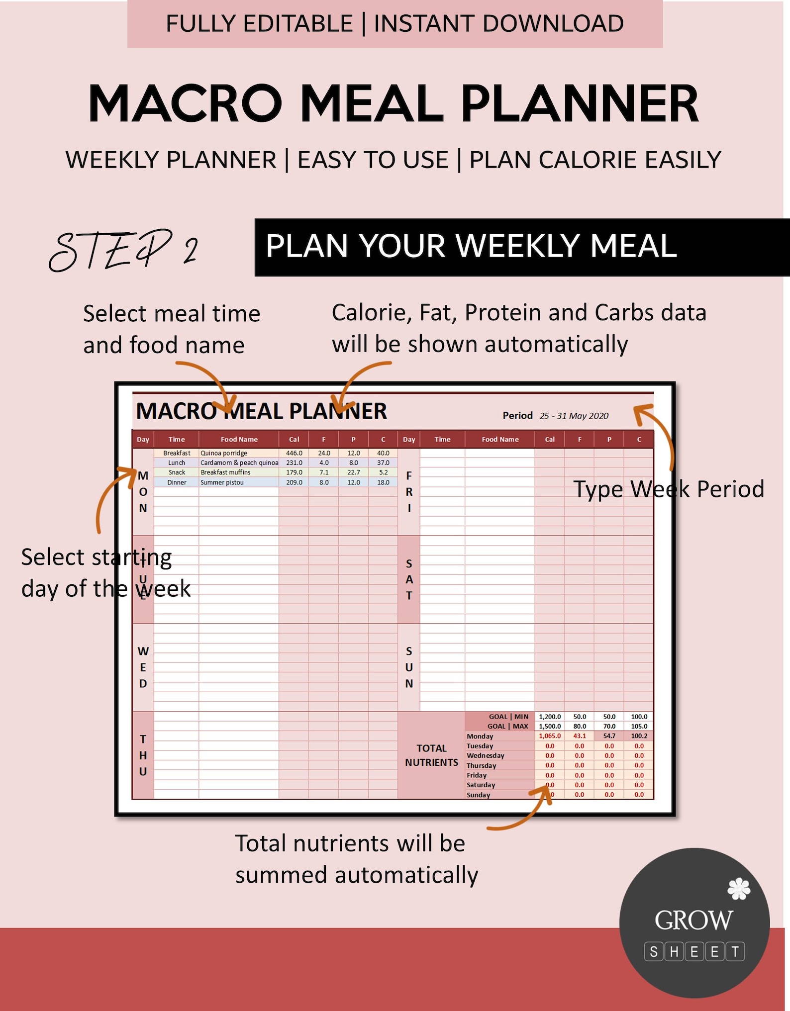 Macro Meal Planner for Excel and Googlesheets | Fully Editable Weekly ...