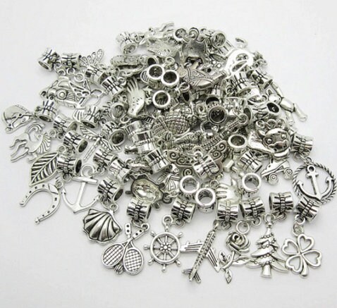RUBYCA 100Pcs Bulk Mixed Silver Charms for Jewelry Making Bracelet Small  Pendants for Necklace Antiqued Silver Color - Just Like The Picture (Mix1)