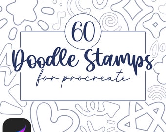 May include: A white background with a blue border and text that reads "60 Doodle Stamps for Procreate". The background is filled with various doodle shapes in gray, including stars, hearts, swirls, and circles. The Procreate app icon is in the bottom left corner.