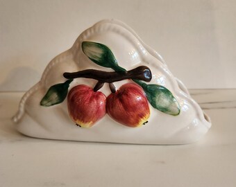 Vintage China Napkin Holder with hand painted red apple and leaf detail