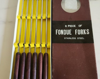 Juego en caja de 6 tenedores de fondue de acero inoxidable vintage con extremos de diferentes colores sin usar