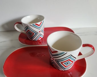 SALE is ONE SET only. Vintage Whittards of Chelsea Coffee Cup and Obling Biscotti Saucer Aztec Design Two Available