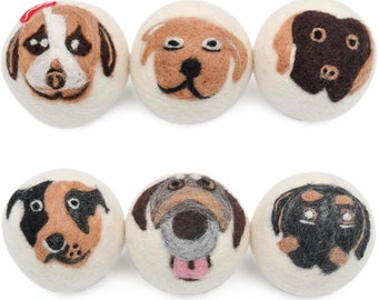 Dog Face Wool Dryer Balls Set: 6 Pcs XL Reusable Felt Dryer Balls, 100% New Zealand Wool Dryer Sheet, Handcrafted Landry Balls-Free Shipping