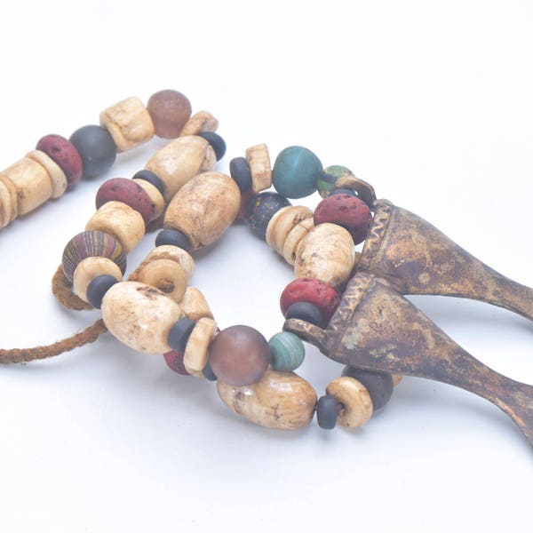 Naga Necklace Tribe head Handmade nagaland necklace Glass Beads Brass head tribe Pendants, Ethnic Jewelry, Folk Art Naga Beads Nepal Jewelry