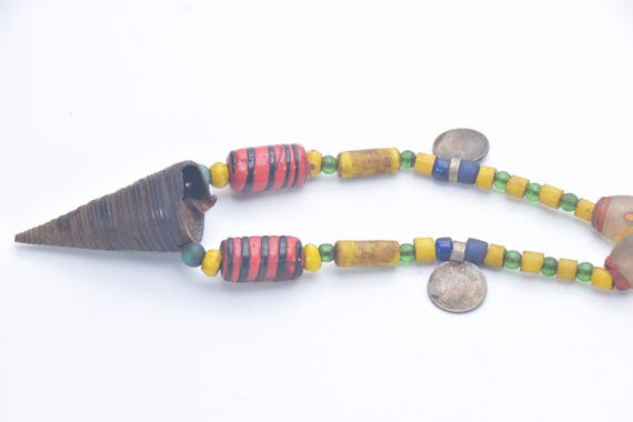 Ethnic necklace horn, glass, Conch shell, coin, N… - image 5