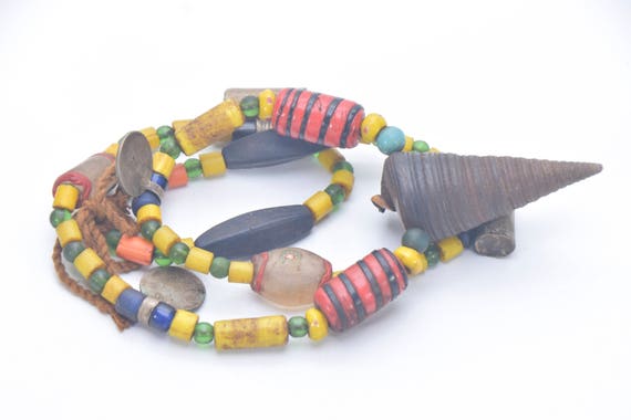 Ethnic necklace horn, glass, Conch shell, coin, N… - image 1