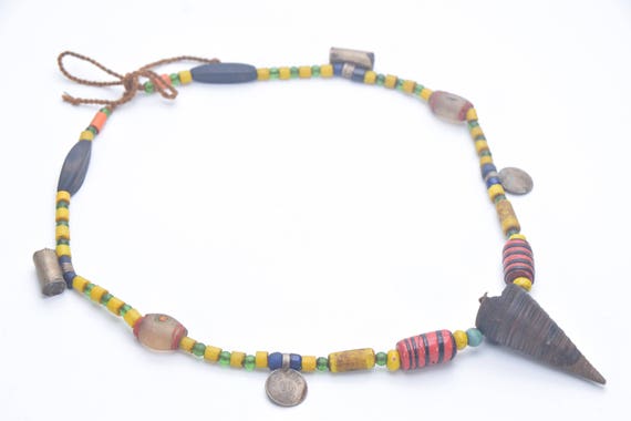 Ethnic necklace horn, glass, Conch shell, coin, N… - image 3