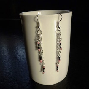 seed beads Black Silver/Pink/Silver mounted on 3 chains and hooks in Silver earrings