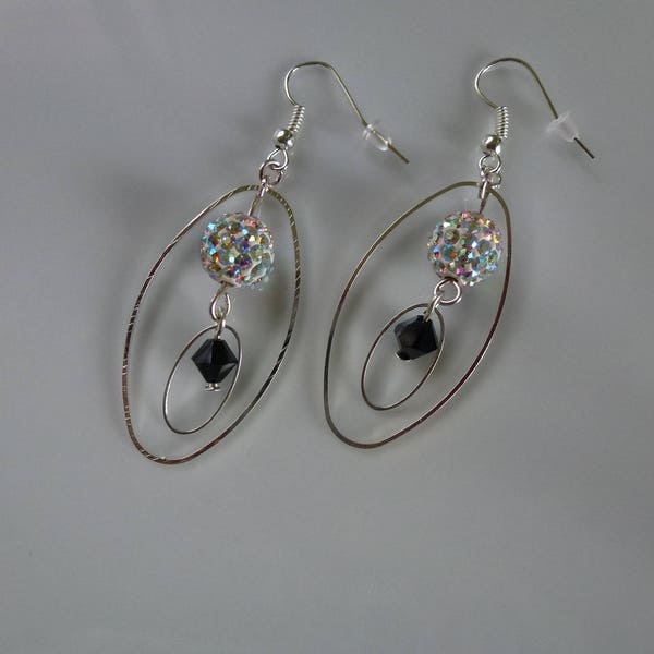 Shamballa disco rhinestone diamond beaded earrings, black spinning top beads, silver oval rings mounted on hooks