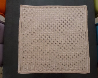 powder pink baby blanket in handmade knit, openwork fancy stitch, dimensions 73cm x 73 cm