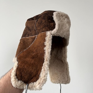 Real Leather Shearling Brown Patchwork Trapper Hat