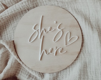 Double Sided He's Here She's Here, He's Here Sign, She's Here Sign, Birth Announcement Plaque, Baby Photo Prop Newborn Photography,Wood Sign