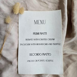 Aangepaste linnenmenu's, elegante linnen trouwmenu's, gepersonaliseerde linnen evenementmenu's, minimalistische linnenmenukaarten, aangepaste linnenmenu's