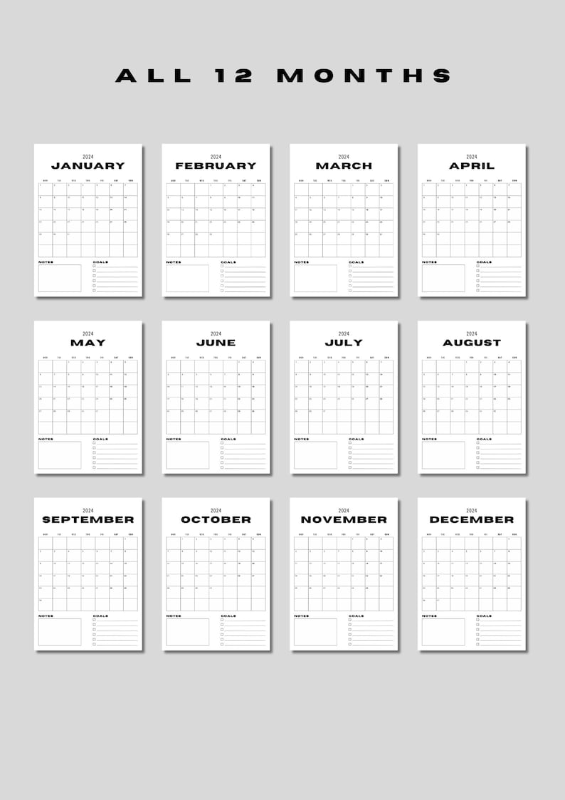 Printable Calendar 2024 Monthly Planner 2024 A4 Portrait Etsy