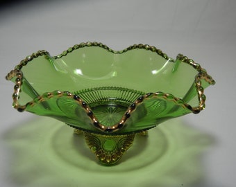 Vintage EAPGUS Glass Green Colorado Pattern 9 Piece Footed Berry Bowl Set with Gold Accents