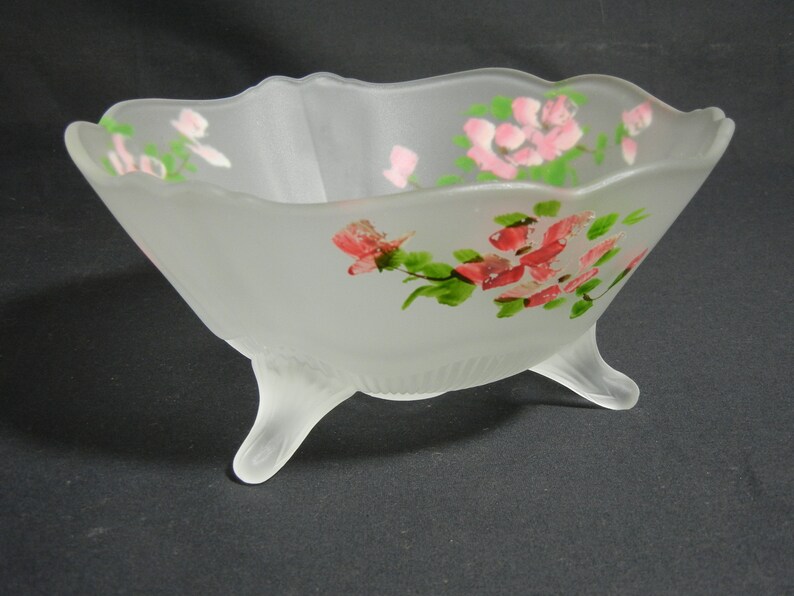 Tiffin Satin Frosted Glass TriFooted Bowl with Hand Painted Etsy