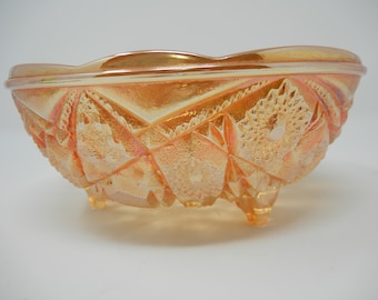 Hobstar and Arches Marigold Iridescent Footed Carnival Glass Bowl by Imperial