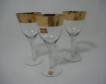Avitra Crystal 22K Gold Wide Banded 6 1/2" Wine Glasses. Set of 3.