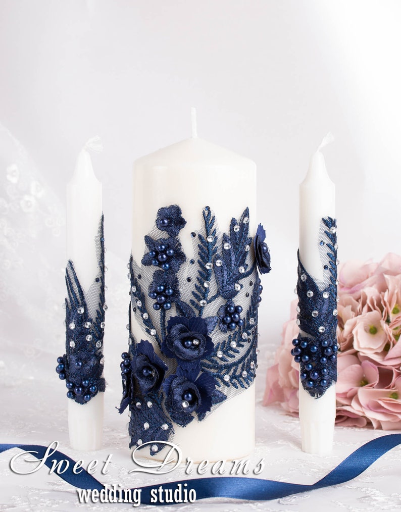 Navy blue lace unity candle set Wedding candle set Wedding Etsy