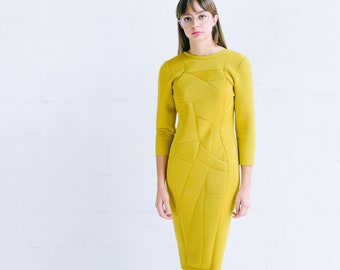 mustard yellow dress, long sleeve pencil dress, prom dress, neoprene dress, midi dress, occasion midi dress, sexy back dress