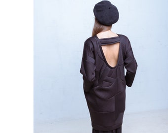 black backless dress, dress with pockets, black midi dress