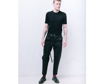 neoprene chinos trousers, cropped slim black trousers, notch waist belted pants, beltet stitch utility trousers, belted menswear trousers