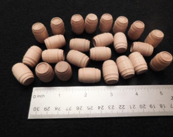 25 Wood BARRELS, Unfinished Miniatures, 7/8&quot; high, 5/8&quot; diam., (a/k/a Pickle Barrels) for craft projects, dollhouse, toy cargo, game pieces.