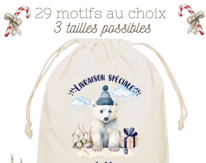 Personalized cotton Christmas bag for Children, Hood, Gift wrapping, Special delivery, customizable, several sizes, 29 patterns