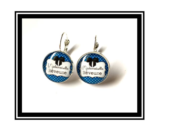 Earrings original and funny,"Miss dreamer"bow, blue, polka dots, polka dots, funny, MOM