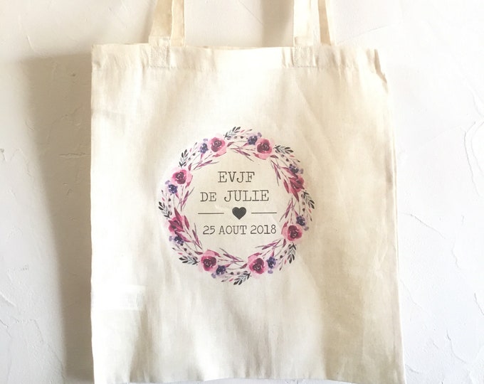 Custom cotton tote bag for bachelorette party with first name, date of your choice!   Marriage wedding Boheme EVJF