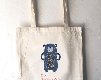 Tote Bag for Children "First Name" to customize, canvas bag in ecru cotton, canvas, customizable gift, practical, cute, animals