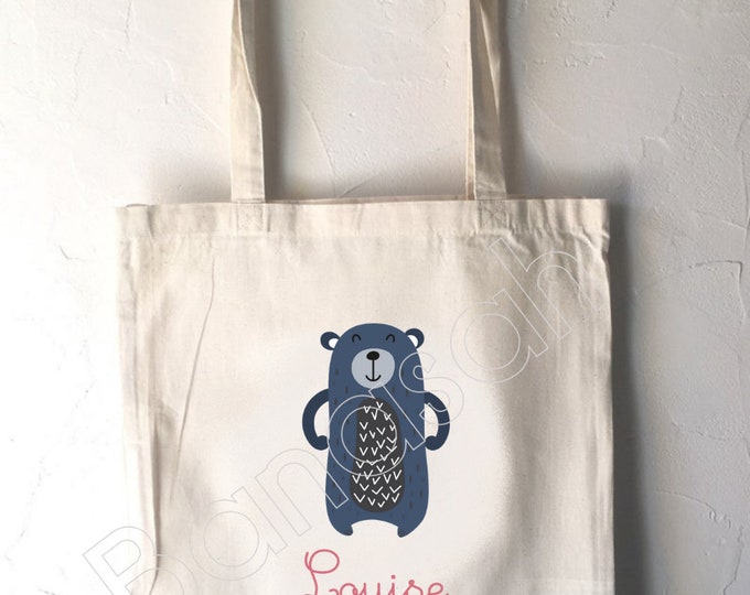 Tote Bag for Children "First Name" to customize, canvas bag in ecru cotton, canvas, customizable gift, practical, cute, animals