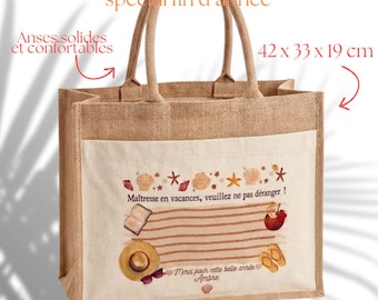 Sac cabas personnalisé “Maîtresse en vacances” – Cadeau fin d’année maîtresse, ATSEM, AESH, Maître, Nounou,etc