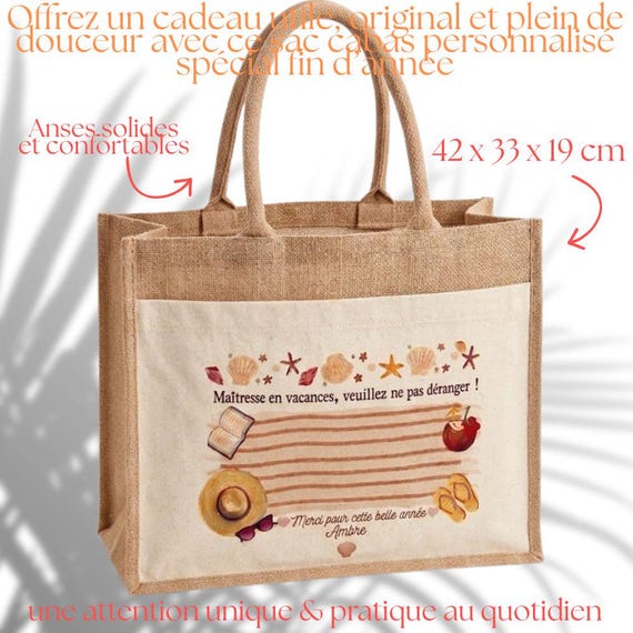 Sac cabas personnalisé “Maîtresse en vacances” – Cadeau fin d’année maîtresse, ATSEM, AESH, Maître, Nounou,etc