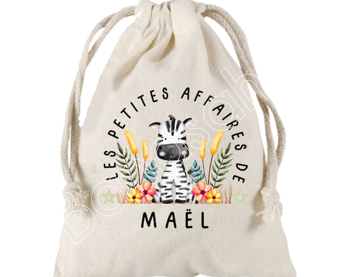 Large pocket with sliding links personalized with the first name of your choice 100% cotton 25X30 cm