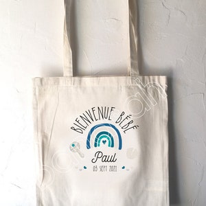 Tote Bag en coton, Cadeau de Naissance, maternité, personnalisé au prénom du bébé et date de naissance. Idéal pour ranger Doudou, etc
