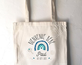 Cotton Tote Bag, Birth Gift, Maternity, personalized to the baby's first name and date of birth. Ideal for storing Doudou, etc.