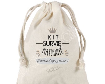 Grande Pochette à liens coulissants "Kit de Survie pour la maternité"  100 % coton ! Futur Papa, Future Maman, Baby Shower, cadeau naissance