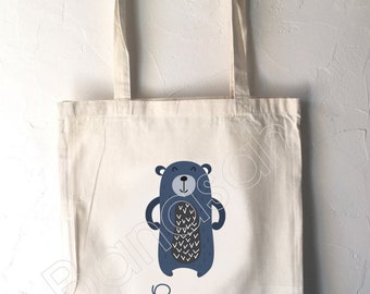 Personalized Tote Bag for Children "First Name", ecru cotton canvas bag, canvas, customizable gift, practical, cute, animals