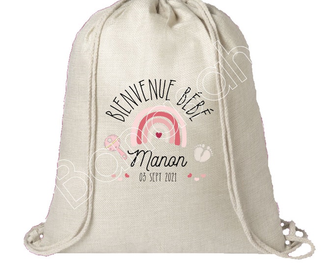 Cotton backpack, Birth Gift, maternity, personalized to the baby's name and date of birth. Ideal for storing Doudou, etc.