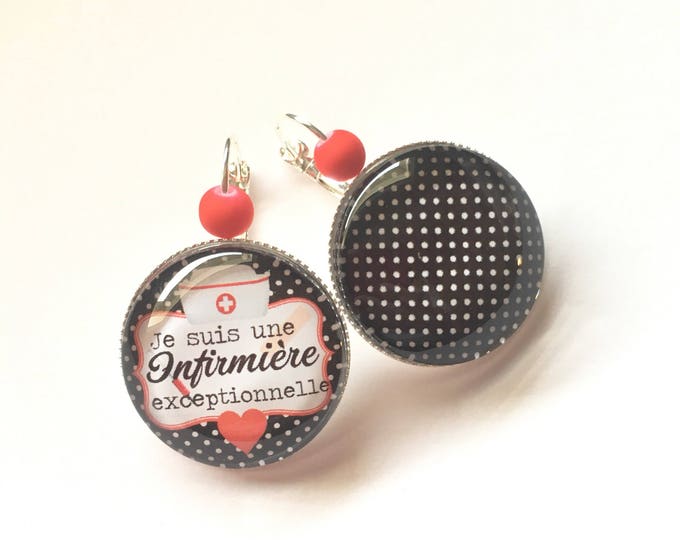 Earrings "" I'm an exceptional nurse!"  The top, health, dots, black, white craft