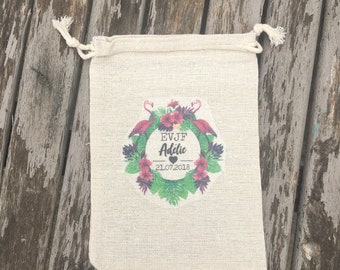 DrawString cotton pouch customized for bachelorette party name, date of your choice! Wedding party evening witness flamingos