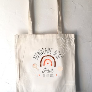 Tote Bag en coton, Cadeau de Naissance, maternité, personnalisé au prénom du bébé et date de naissance. Idéal pour ranger Doudou, etc