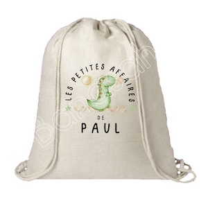 Sac à dos en coton personnalisé " Les Petites Affaires de ..." motif dinosaure école, cabas, sac à doudou , sac pour habits enfant, crêche