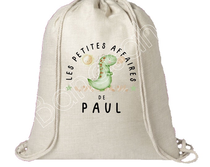 Personalized cotton backpack "The Little Business of..." dinosaur pattern school, tote bag, bag for children's clothes, creche