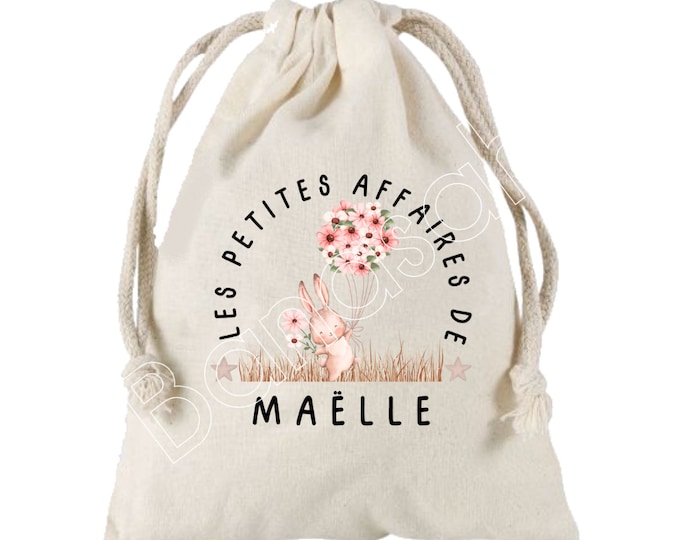 Large personalized drawstring pouch with the first name of your choice 100% cotton 25X30 cm