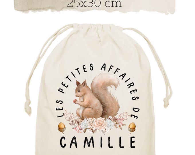Large "Little Business" pouch with sliding ties personalized with the first name of your choice 100% cotton 25X30 cm