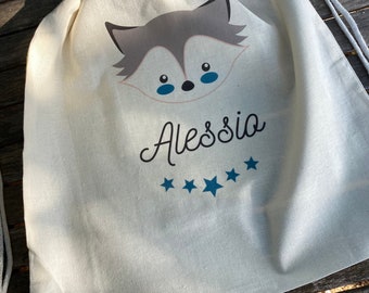 Cotton backpack "Little fox" customizable to the child's name! 100% cotton with sliding links! Fast shipping