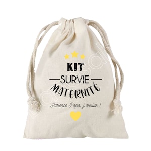 Grande Pochette à liens coulissants "Kit de Survie pour la maternité"  100 % coton ! Futur Papa, Future Maman, Baby Shower, cadeau naissance