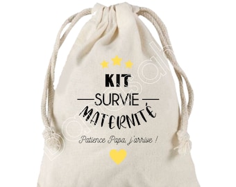 Large Pouch with sliding links "Survival Kit for maternity" 100% cotton! Future Dad, Future Mom, Baby Shower, birth gift